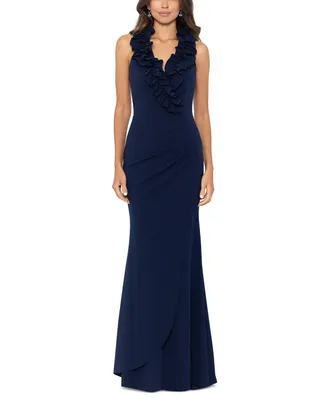 Xscape Women's Ruffled-v-Neck Sleeveless Ruched Gown