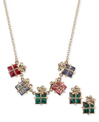 Holiday Lane Gold-Tone Multicolor Stone Present Statement Necklace & Stud Earrings Set, Created for Macy's