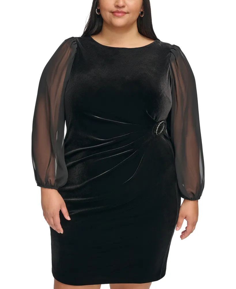 Jessica Howard Plus Size Velvet Chiffon-Sleeve Sheath Dress