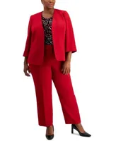 Kasper Plus Size Open Front Blazer Printed Twist Neck Top Mid Rise Ankle Pants