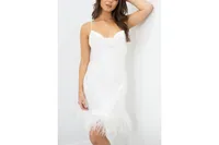 Women's Silk Slip Dress - Short Cowl Neck Open Back Ostrich Feather Trim Hem Collection