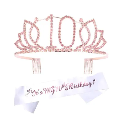 10th Birthday Glitter Sash and Blooming Rhinestone Pink Metal Tiara for Girls
