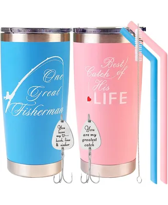 Fisherman Gift Set for Couples: Stainless Steel Tumblers with Straws, Cleaning Brush, and Engraved Fishing Lures - Perfect for Weddings and Parents