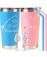 Fisherman Gift Set for Couples: Stainless Steel Tumblers with Straws, Cleaning Brush, and Engraved Fishing Lures - Perfect for Weddings and Parents