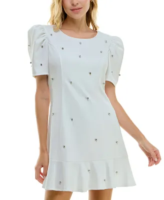 Crystal Doll Juniors' Puff-Sleeve Rhinestone-Trim Dress