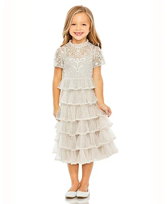 Mac Duggal Little Girls High Neck Embroidered Short Sleeve Midi Dress