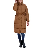 Sebby Collection Women's Long Puffer Jacket with Hood and Belt