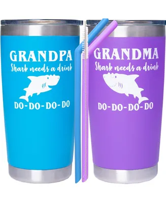 Grandpa Shark and Grandma Shark Coffee Mug Tumbler Set - Perfect Christmas Gifts for Grandparents - Fun and Unique Shark
