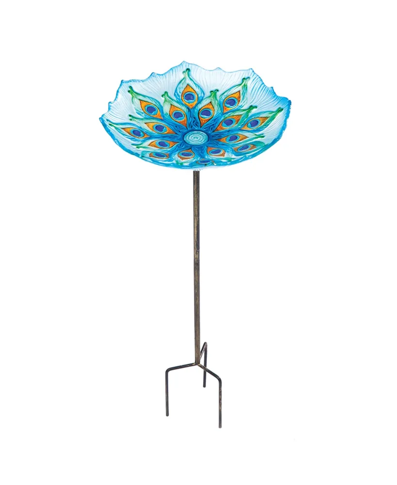 Evergreen Peacock Glass Bird Bath with Metal Stake