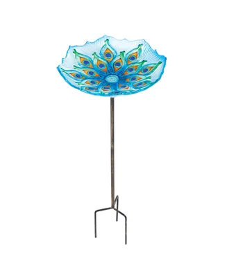 Evergreen Peacock Glass Bird Bath with Metal Stake