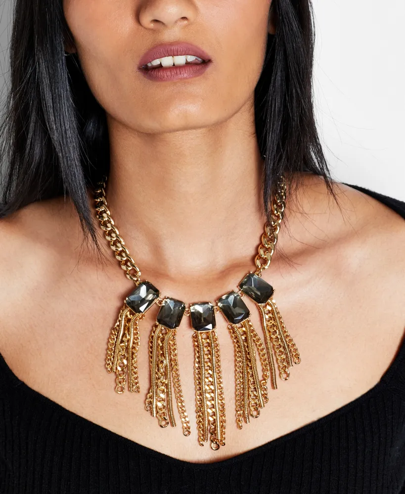 I.n.c. International Concepts Gold-Tone Stone & Chain Tassel Statement Necklace, 17" + 3" extender, Created for Macy's