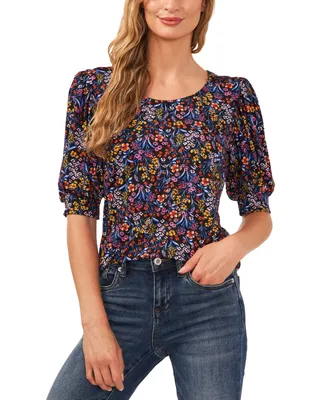 CeCe Women's Floral Print 3/4 Sleeve Scoop Neck Knit Top