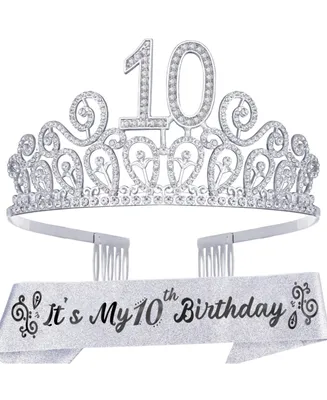 10th Birthday Glitter Sash and Silver Rhinestone Tiara for Girls - Premium Metal Set, Perfect for Princess Party Celebration and Memorable Gift
