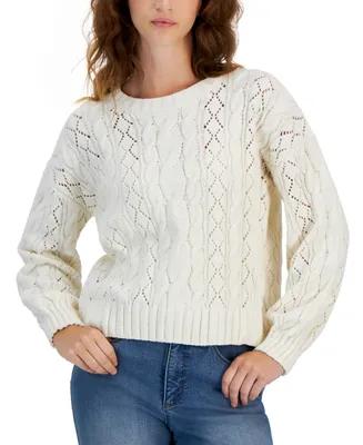 Hippie Rose Juniors' Crewneck Cozy Chenille Cable-Knit Sweater