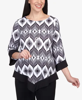 Alfred Dunner Petite Downtown Vibe Art Deco Biadere Pointed Hem Top