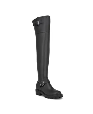 Nine West Women's Nans Lug Sole Casual Over the Knee Boots - Black Smooth - Faux Leather