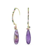 Bling Jewelry Boho Wire Wrap Cluster Bead Accent Linear Elongated Fish Hook Pink Tourmaline Natural Amethyst Long Teardrop Chandelier Dangle Earrings