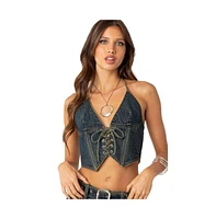 Women's Elara washed denim lace up corset top