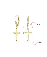 Bling Jewelry Minimalist Simple Delicate Small Religious Cross Drop Dangle Earrings Secure Lever back High Yellow Gold Plated Sterling Silver