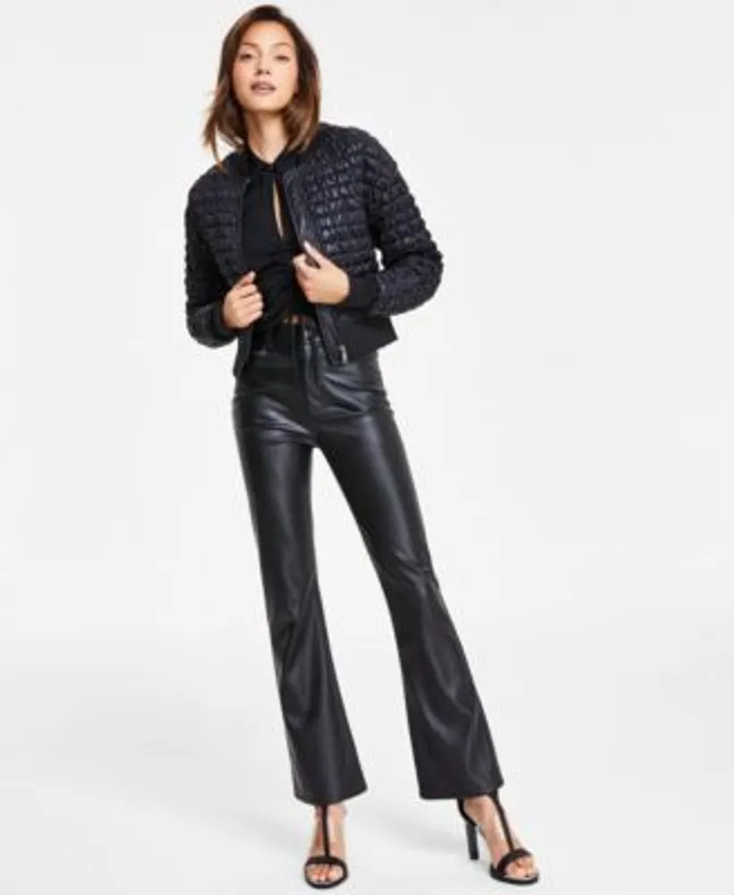 Dkny Jeans Women's Faux-leather High-low Hem Puffer Jacket In Black