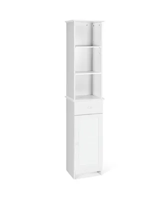 Bathroom Tall Storage Cabinet Freestanding Linen Tower w/ Open Shelves & Drawer