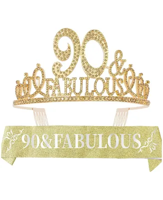 Meant2tobe 90th Birthday Gifts for Women, Crown and Sash Decorations Party Favors, 90t
