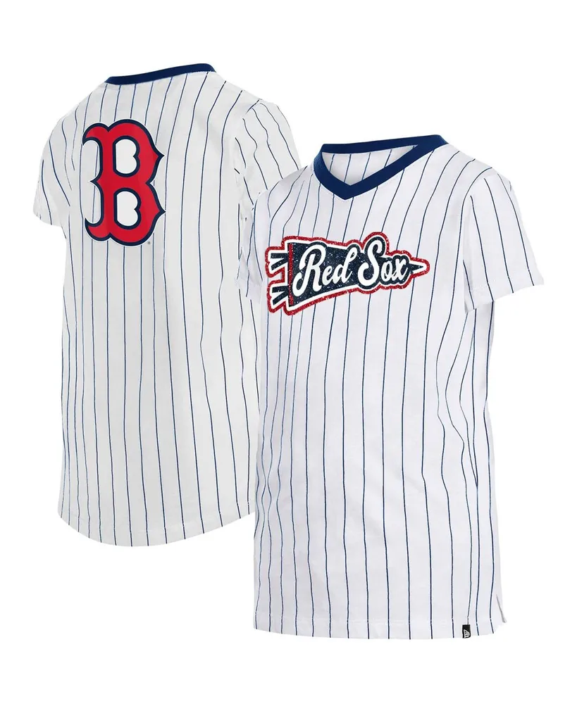 Big Girls New Era White Boston Red Sox Pinstripe V-Neck T-shirt