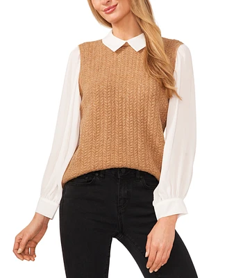 CeCe Women's Sweater-Vest Blouson-Sleeve Collared Blouse