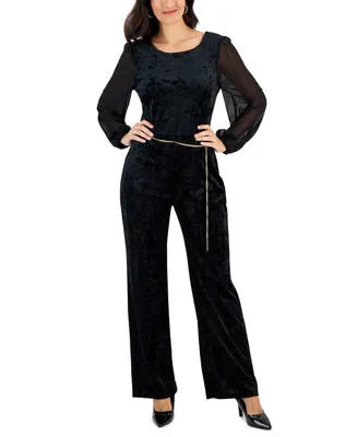 Connected Petite Sheer-Sleeve Chain-Belted Velvet Jumpsuit