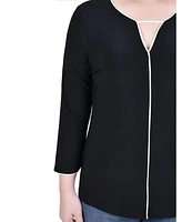 Ny Collection Women's 3/4 Sleeve Piped Top