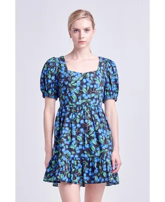 English Factory Women's Blueberry Print Mini Dress with Puff Sleeves