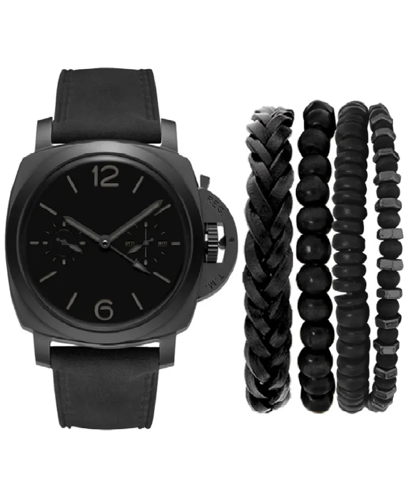 American Exchange Men's Black Leather Strap Watch 44mm Gift Set