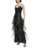 Eliza J Women's V-Neck Cascading-Ruffle Sequined Gown