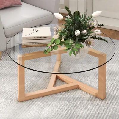 Simplie Fun Round Glass Coffee Table Modern Cocktail Table Easy Assembly With Tempered Glass Top & Sturdy