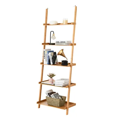 5-Tier Ladder Shelf Bamboo Bookshelf Wall-Leaning Storage Display Plant Stand