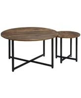 Homcom Round Coffee Table, Nesting Set of 2 with Metal Frame, Industrial Side End Table for Living Room Bedroom, Rustic Brown