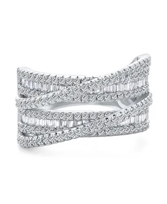 Bling Jewelry Art Deco Style Pave Cz Crossover Criss Cross Costume Faux Stacking Wide Statement Cocktail 4 Row Baguette Multi Band Ring For Women Silv