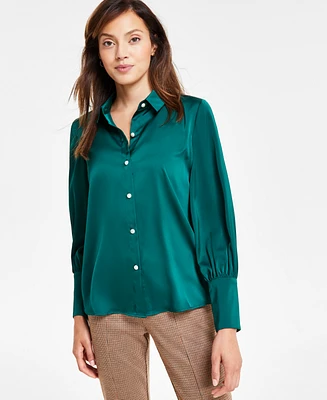 CeCe Women's Luxe Satin Imitation Pearl Button Down Blouse