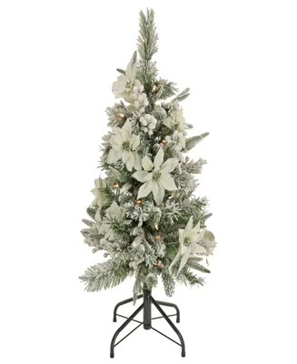 National Tree Company 3' Feel Real Frosted Colonial Pencil Slim Hinged Tree with Poinsettias, Berries 50 Clear Lights