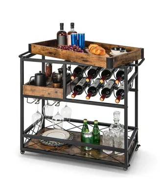 Costway 3-Tier Mobile Bar Serving Cart Liquor Storage Trolley with Removable Tray Wine Rack