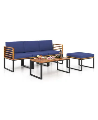 Costway 5 Piece Patio Chair Set, Acacia Wood Chair Set with Ottoman & Coffee Table
