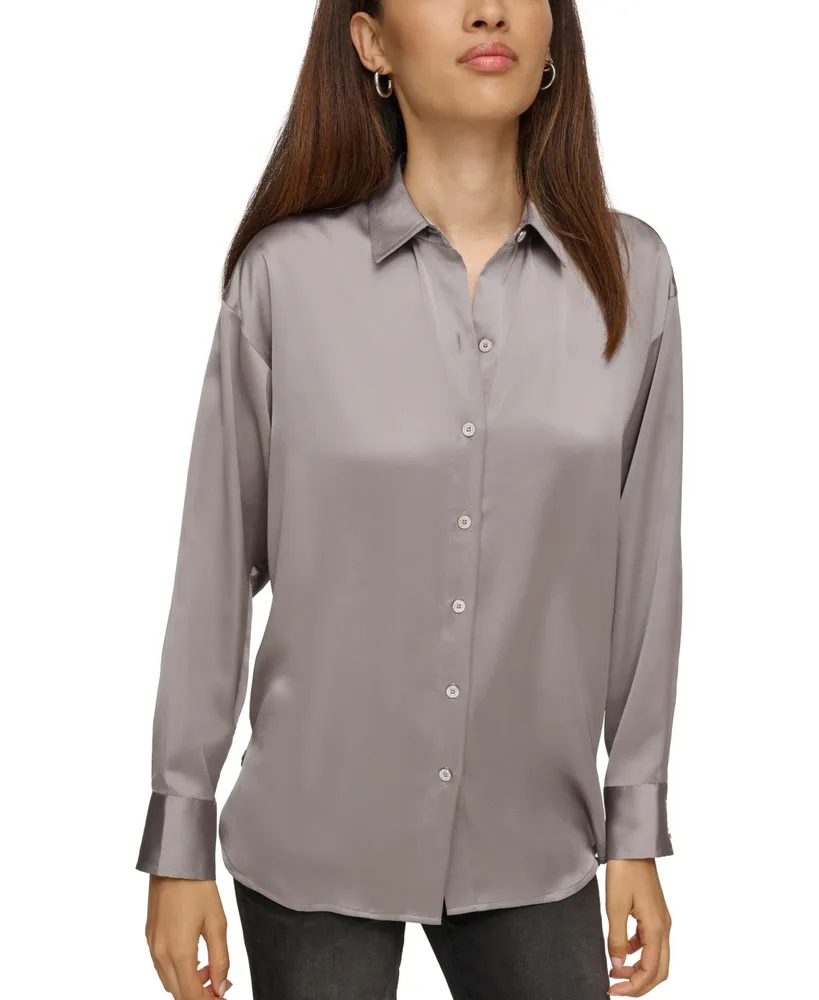 womens grey button down blouse
