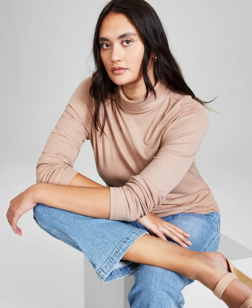 Sheer Rib-knit Mock Turtleneck Top