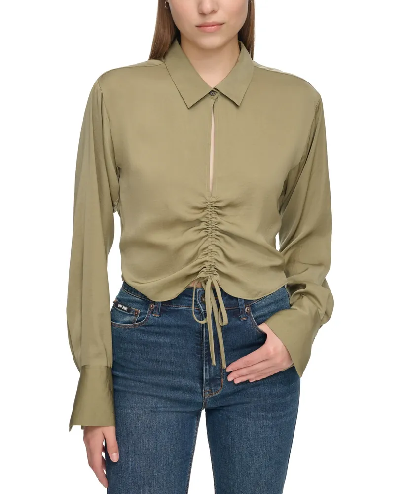 Dkny Jeans Women's V-Neck Long Sleeve Ruched Front Top