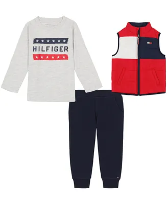 Tommy Hilfiger Baby Boys Long Sleeve Signature T-shirt, Colorblock Puffer Vest and Fleece Joggers, 3 Piece Set