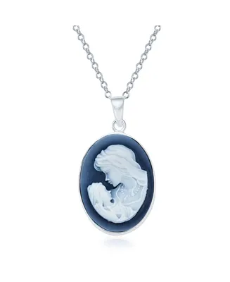 Bling Jewelry Classic Blue White Carved Oval Simple Framed Victorian Lady Portrait Mother and Child Cameo Pendant Necklace For Women Wife .925 Sterlin