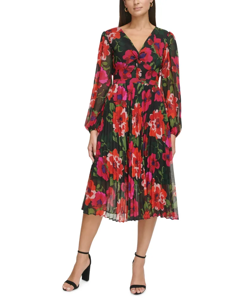 Kensie Women's Floral-Print Twist-Front Pleated Midi Dress