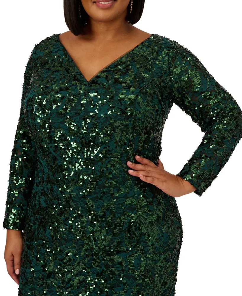 Adrianna Papell Plus Size Sequined Lace V-Neck Gown