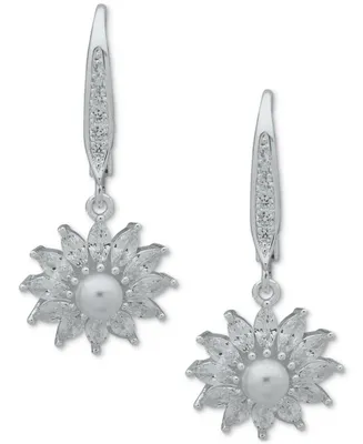 Anne Klein Silver-Tone Imitation Pearl & Crystal Flower Leverback Drop Earrings