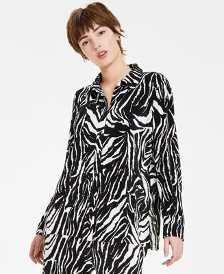 Bar Iii Petite Printed Button-Front Long-Sleeve Plisse Shirt, Created for Macy's